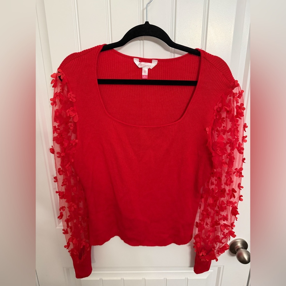 No Boundaries Red Blouse with Sheer Floral Sleeves